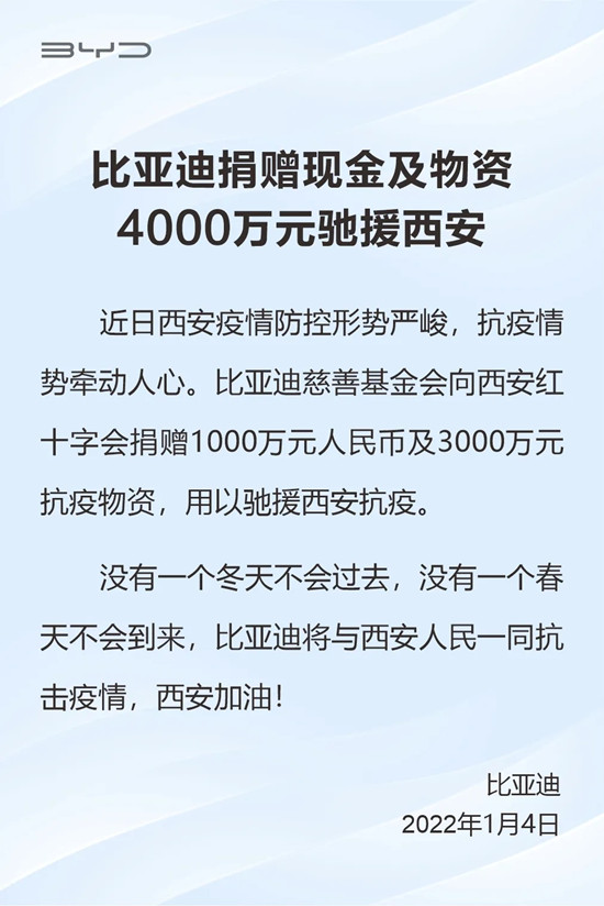 比亞迪捐贈(zèng)現(xiàn)金及物資4000萬(wàn)元馳援西安(圖1)